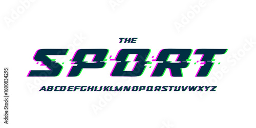 Glitch distorted font, bold sport alphabet, futuristic techno style typeface, speed action competition typeface for cyber sport logo, game title, streamer branding. Vector typeset
