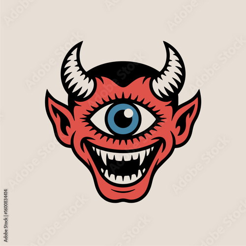 Smiling cyclops devil head, vintage style illustration, red horns, single eye.