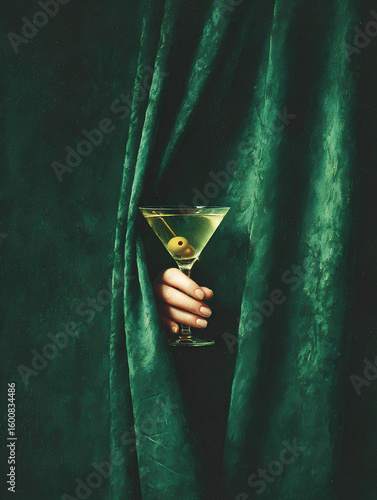 Hand with red nails holding martini glass against green velvet