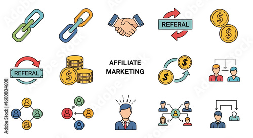 Affiliate marketing icons illustrating referral programs, partnerships, and financial transactions.