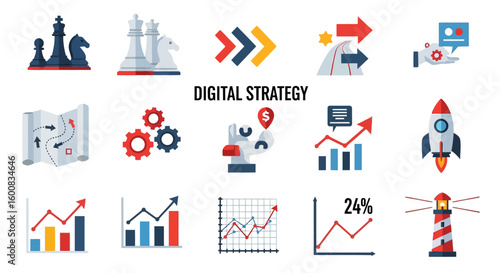 Flat icons depicting various elements of a digital strategy, including chess pieces, arrows, maps, gears, graphs, and a rocket.