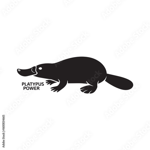 A stylized black silhouette of a platypus with the words platypus is power isolated on white background
