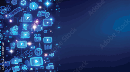 Digital media production concept with video cameras and play buttons on a blue background.