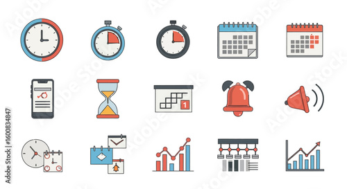 Collection of various time management and scheduling icons, representing deadlines and events.