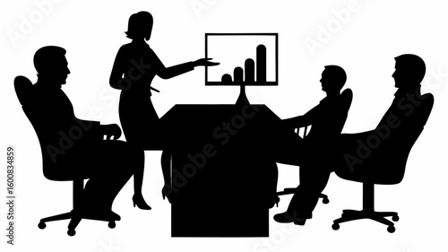Silhouette of business meeting with presentation of graph on screen and four people sitting around table | editable eps vectors