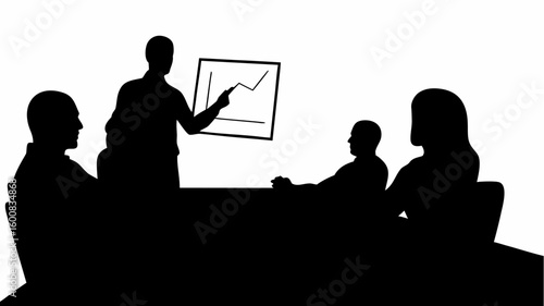 Silhouette of a presenter pointing to a chart with attendees at a meeting in a conference room | editable eps vectors