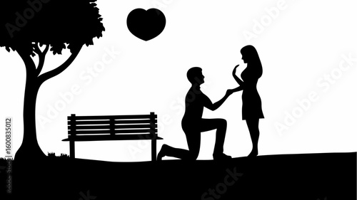 Silhouette of a man proposing to a woman under a heart with a tree and bench in the background scene outdoors | editable eps vectors