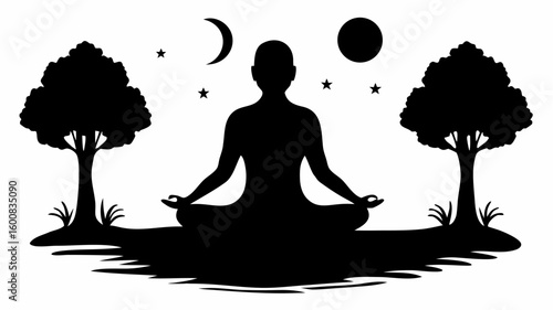 Silhouette of person meditating in lotus position under moon and stars between two trees in black and white | editable eps vectors