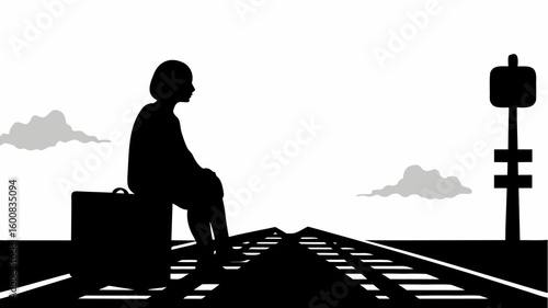Silhouette of a woman sitting on a suitcase by railway tracks with signal and clouds in the background | editable eps vectors