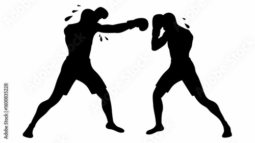 Silhouette of two boxers in a boxing match, one throwing a punch with water droplets flying, black and white | editable eps vectors