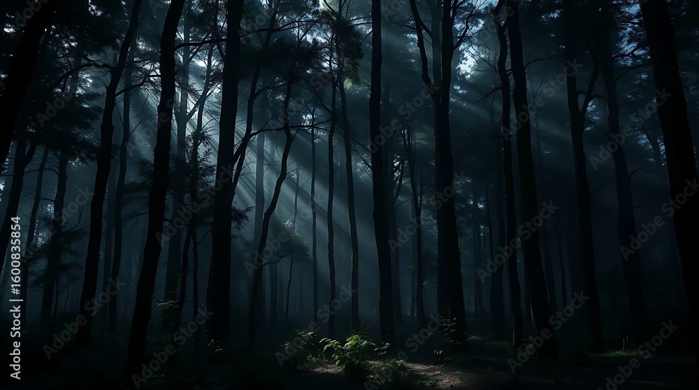 Naklejka premium High-resolution stock photo of a mysterious forest background for commercial use, with professional-grade quality, featuring dark, moody tones, dappled sunlight, and a sense of intrigue