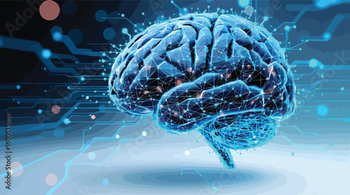 Futuristic conceptual illustration of a digital artificial intelligence brain with neural networks.