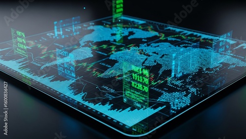 Futuristic Fintech UI with Global Stock Market Holograms on Black Glass Screen