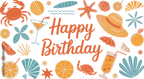 Summer Birthday Celebration Greeting with Beach Icons
