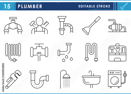 A set of line icons related to Plumbing. Plumber, pipe, repair, install, and so on. Vector editable stroke.