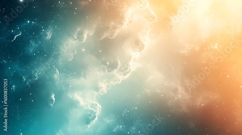 Dreamy nebula space background with stars and clouds in blue, beige and orange tones