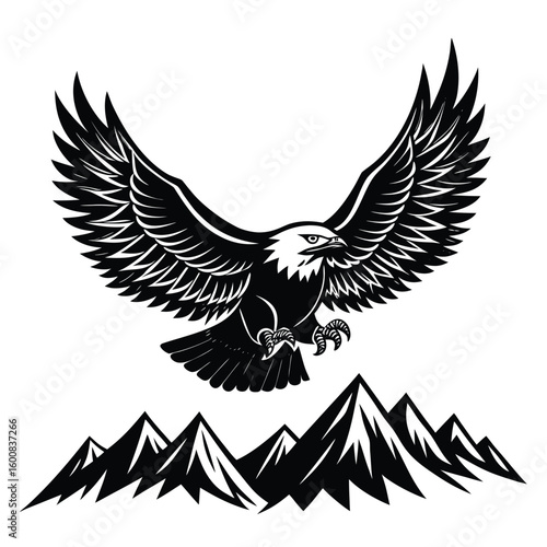 Black and white eagle soaring above mountains on white background