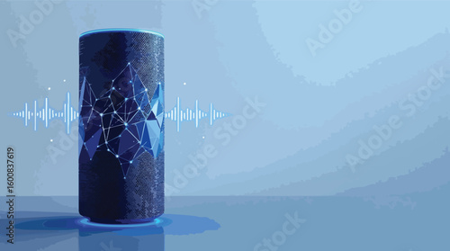 Smart home speaker with sound waves representing voice assistant digital technology concept.