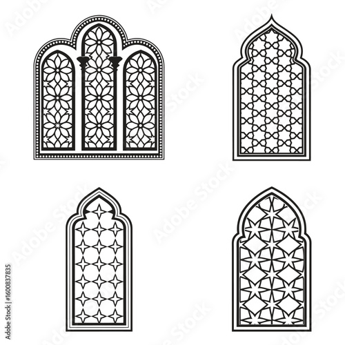 Architectural Ornamentation of Intricate Window Designs and Islamic Geometric Art Elements Displayed in Elegant Black and White Graphics