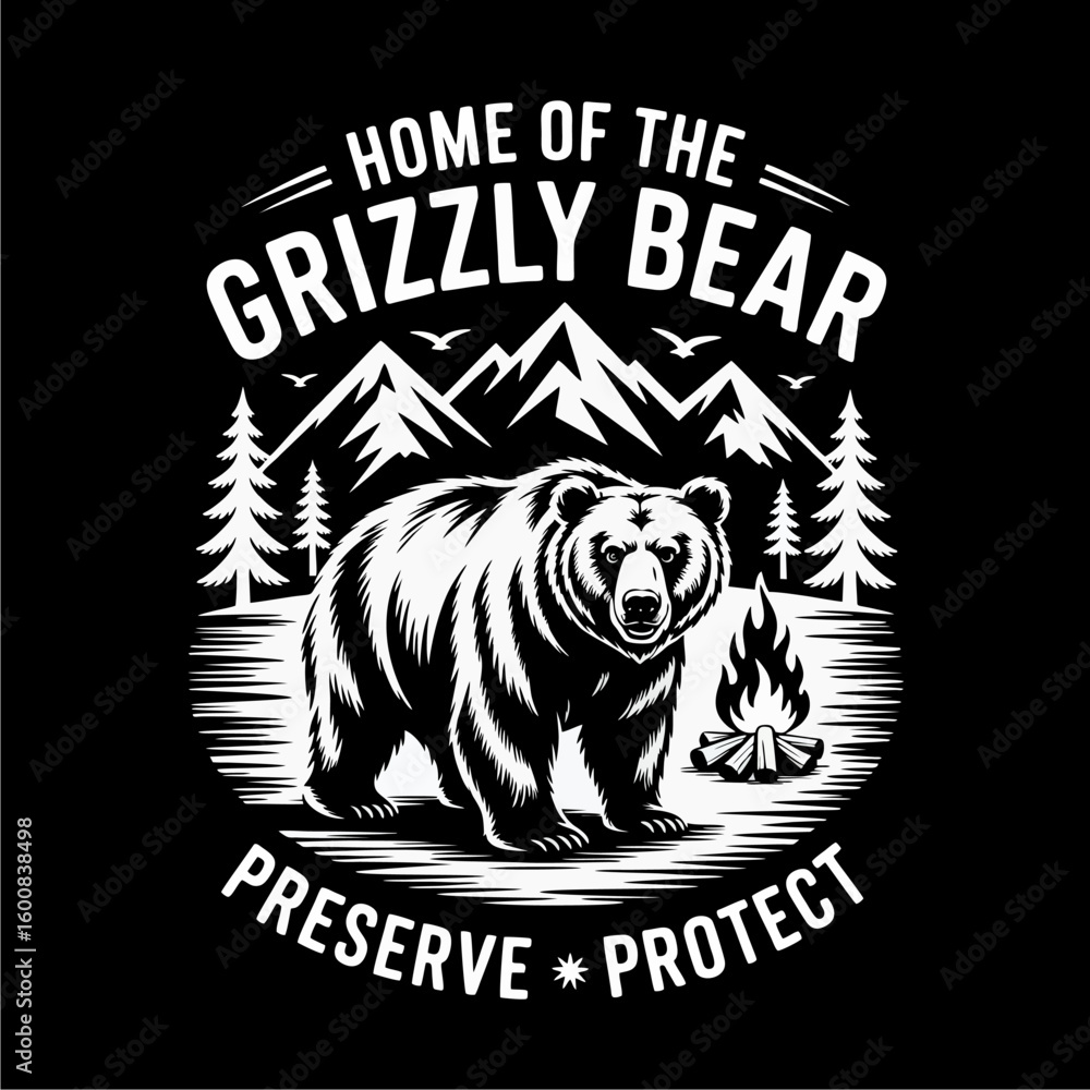Fototapeta premium A graphic illustration featuring a grizzly bear standing in a landscape with mountains, trees, a campfire, and the text 