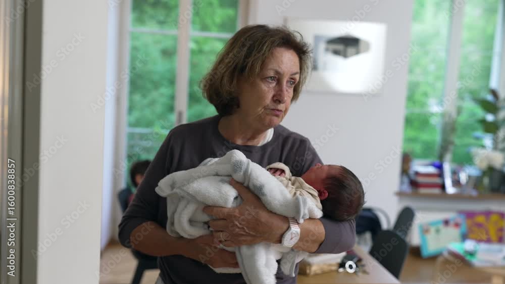 Elderly woman gazing lovingly at her newborn grandchild, wrapped in a soft blanket, in a contemporary home interior, symbolizing family love, care, and the bond between generations Elderly woman gazing lovingly at her newborn grandchild, wrapped in a soft blanket, in a contemporary home interior, symbolizing family love, care, and the bond between generations