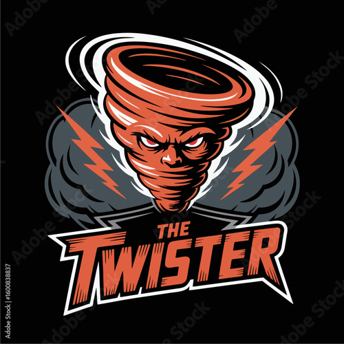 An angry orange tornado mascot with glowing red eyes and lightning bolts, labeled 'The Twister'.