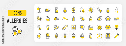 Allergy icons. Fat, Virus, Perfume, Nose, Rash, First Aid Kit, Pills, Blood Sample, Eye, Carrot, Injection, Toilet, Feather, Nut, Almond, Spray, Make Up vector stroke illustration.	
