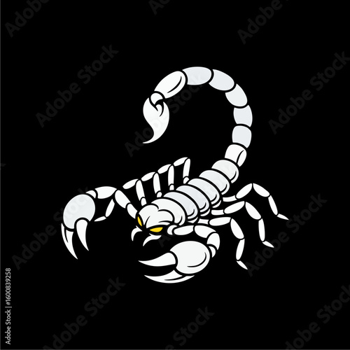 A fierce white scorpion with glowing yellow eyes and a curved stinger, illustrated on a black background.