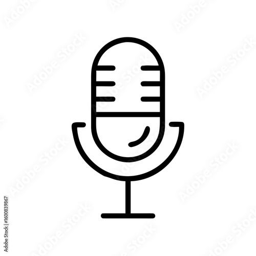 Illustration of a classic microphone with a rounded top and horizontal lines in a simple black outline style