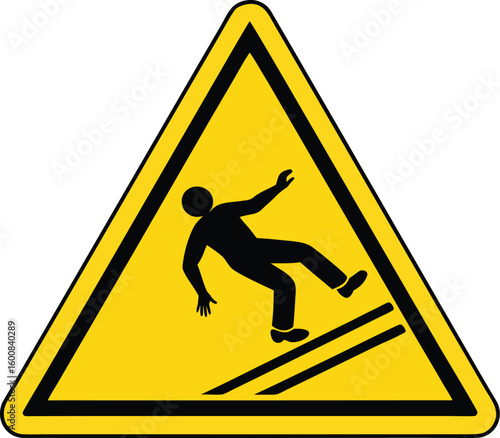 Yellow warning triangle sign depicting a person slipping on wet floor.