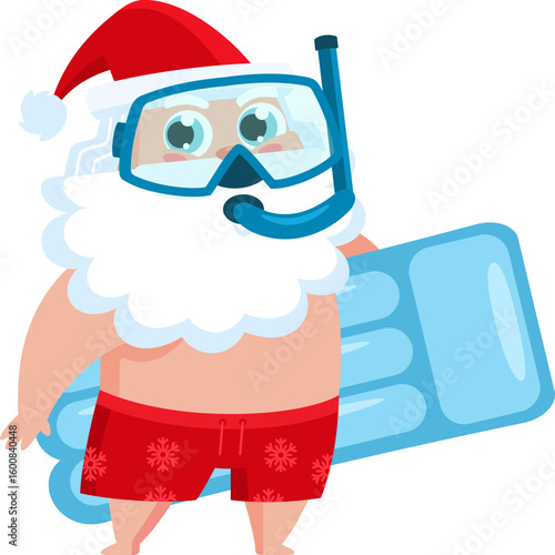 Summer Santa Claus Cartoon Character Holding Inflatable Mattress and Wearing Snorkel Gear - Vector Illustration Flat Design Isolated On Transparent Background