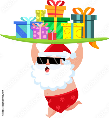 Summer Santa Claus Cartoon Character Carrying Surfboard With Christmas Gifts - Vector Illustration Flat Design Isolated On Transparent Background