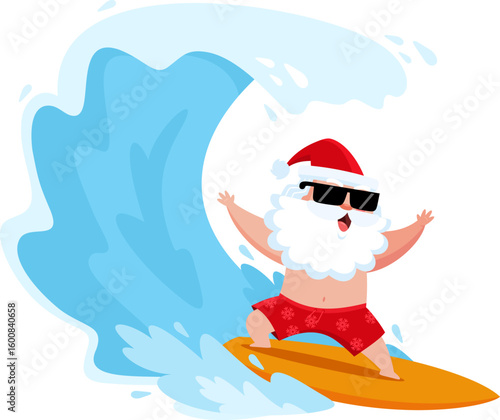 Summer Santa Claus Surfing On Big Ocean Wave With Open Arms - Vector Illustration Flat Design Isolated On Transparent Background
