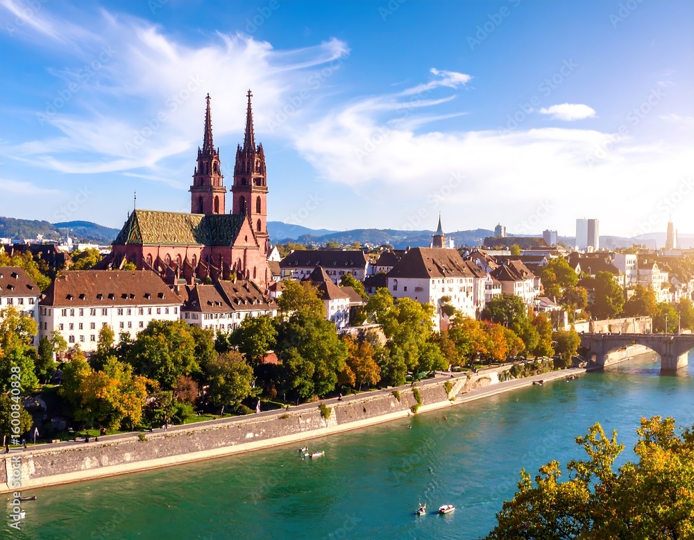 Fototapeta premium Panoramic city view, cathedral, river