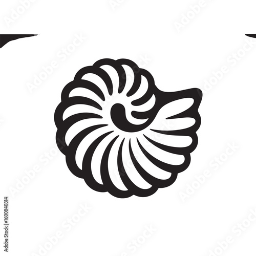 Stylized black and white illustration of a nautilus shell with a classic fibonacci spiral pattern isolated on white background