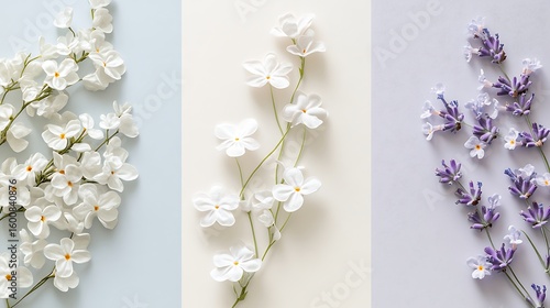 Floral flat lay featuring white jasmine and purple lavender flowers for spring designs