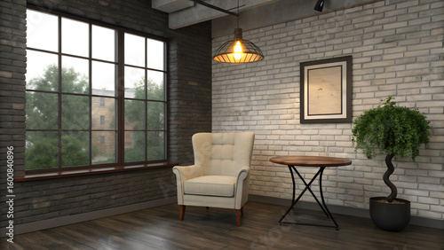 Wallpaper Mural Cozy industrial loft lounge with natural light, plush armchair, and modern decor creates a relaxing retreat. Torontodigital.ca