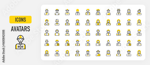 Avatars vector stroke icons. Oncologist, Soldier, Obstetrician, Pediatrician, Doctor, Radiologist, Orthopedist, Girl, Veterinarian, Cowboy, Soldier, Chinese, Arabian vector stroke illustration.	
