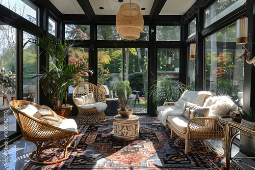 Cozy sunroom interior with rattan furniture and plants offering a relaxing and bright space