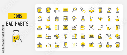 Bad habits icons. Overdose, Nail Biting, Abuse, Pornography, Ghb, Watching Tv, Sex Addict, Steroids, Sweet Food, Cigarette, Movie, Wasteful, Selfie, Crack vector stroke illustration.	
