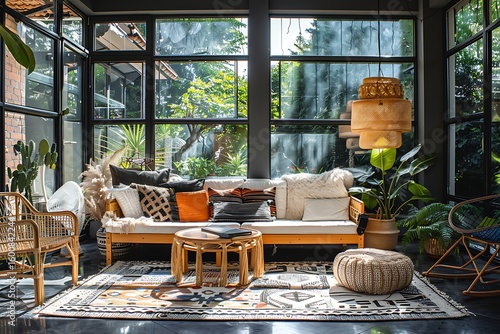 Cozy sunroom interior with bohemian decor, natural light, comfortable seating and view of garden