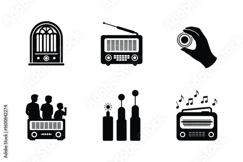 Vintage radio silhouettes with musical notes and people vector