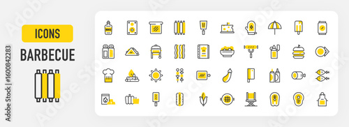 Barbecue icons. Sandwich, Salad, Chopping Board, Burger, Salmon, Apron, Corn, Mustard, Ribs, Eggplant, Fire, Fishes, Glove, Grill, Ham Leg, Hot Dog, Ice vector stroke illustration.	
