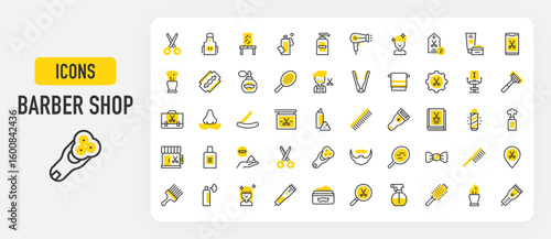 Barber shop icons. Shampoo, Magnifying Glass, Hairspray, Scissors, Facial Hair, Electric Shaver, Trimmer, Smartphone, Scissors, Straight Razor, Book, Woman vector stroke illustration.	
