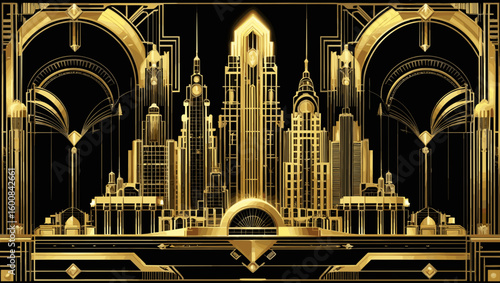Art Deco cityscape, elegant, featuring golden skyscrapers and intricate designs, on a black background