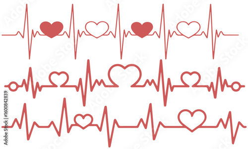 Red heartbeat line collection with heart symbol, cardiology, medical pulse, ECG, EKG design, healthcare clipart vector illustration, health monitoring, digital heartbeat graphics