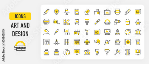 Art and design icons. Architecture, Printer, Museum, Canvas, Blueprint, Project, Layout, Vase, Monitor, Color Palette, Paint Bucket, Sketchbook, Typography vector stroke illustration.	
