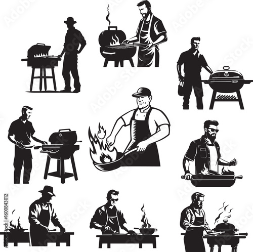  Barbecue grill Silhouette vector icon design and Grill BBQ vector icon set illustration. BBQ silhouette vector on White background.