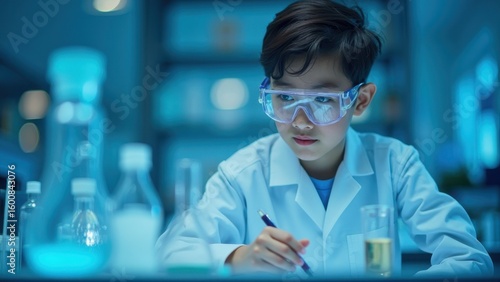 Young scientist in protective safety glasses and white lab coat conducting research with test tubes