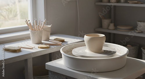 Wallpaper Mural Sunlit pottery studio with a potter's wheel, clay, and tools ready for creation. Torontodigital.ca